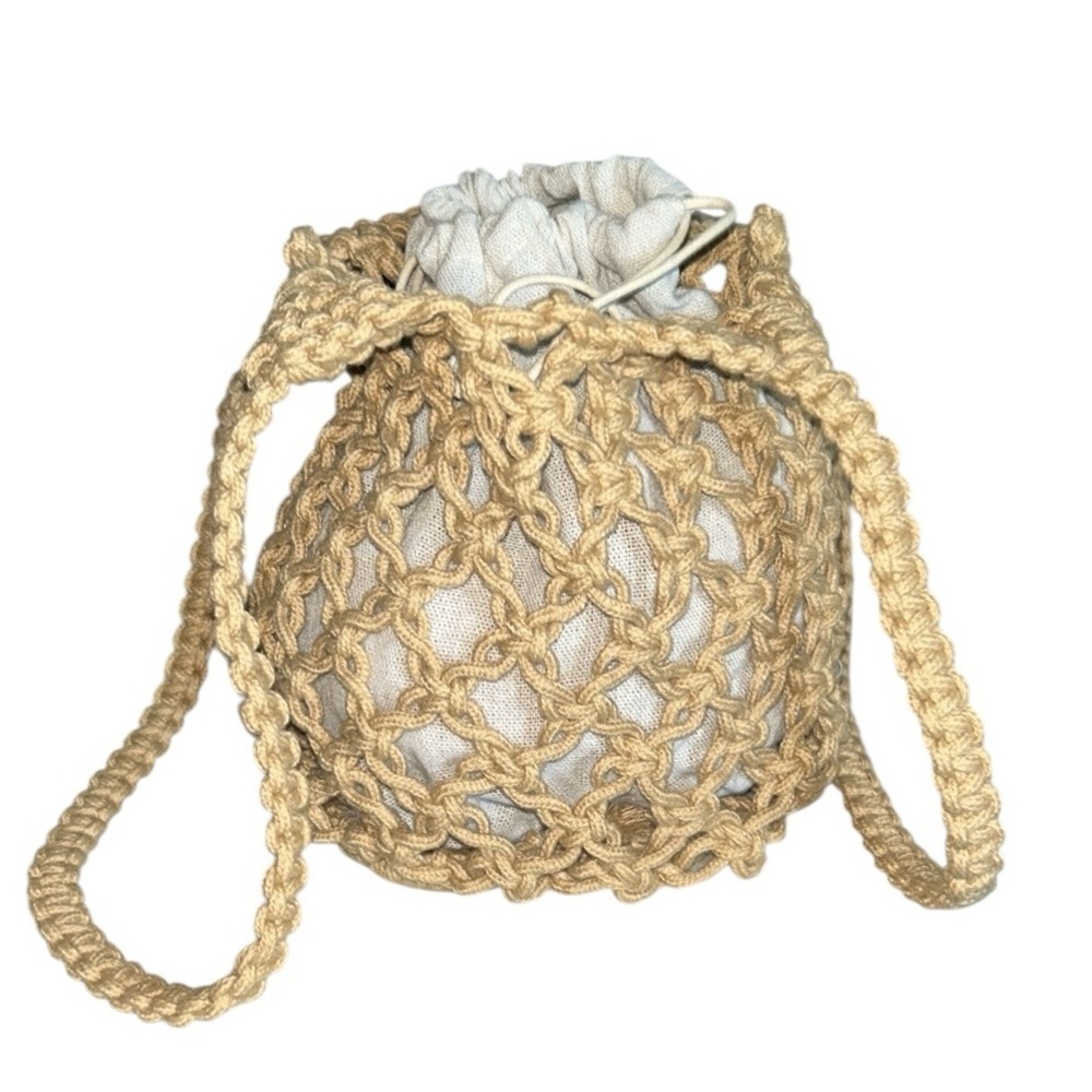Summer Crochet Rope Shoulder Bag Tote with Drawstring Insert in Tan - Picture 3 of 8